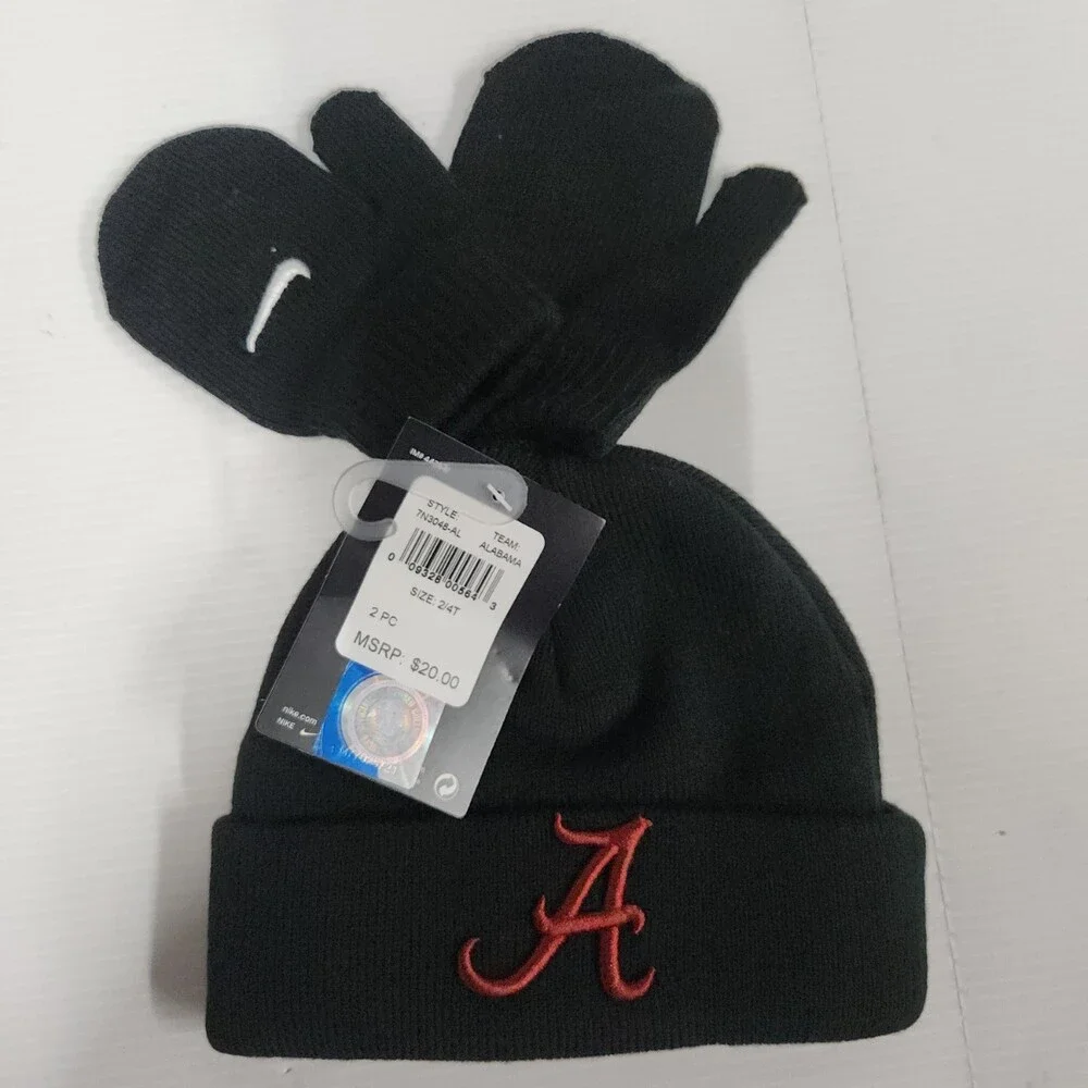 Nike Alabama Toddler Beanie Hat and Mittens Set Black Red a Logo 2pc Size 2/4T